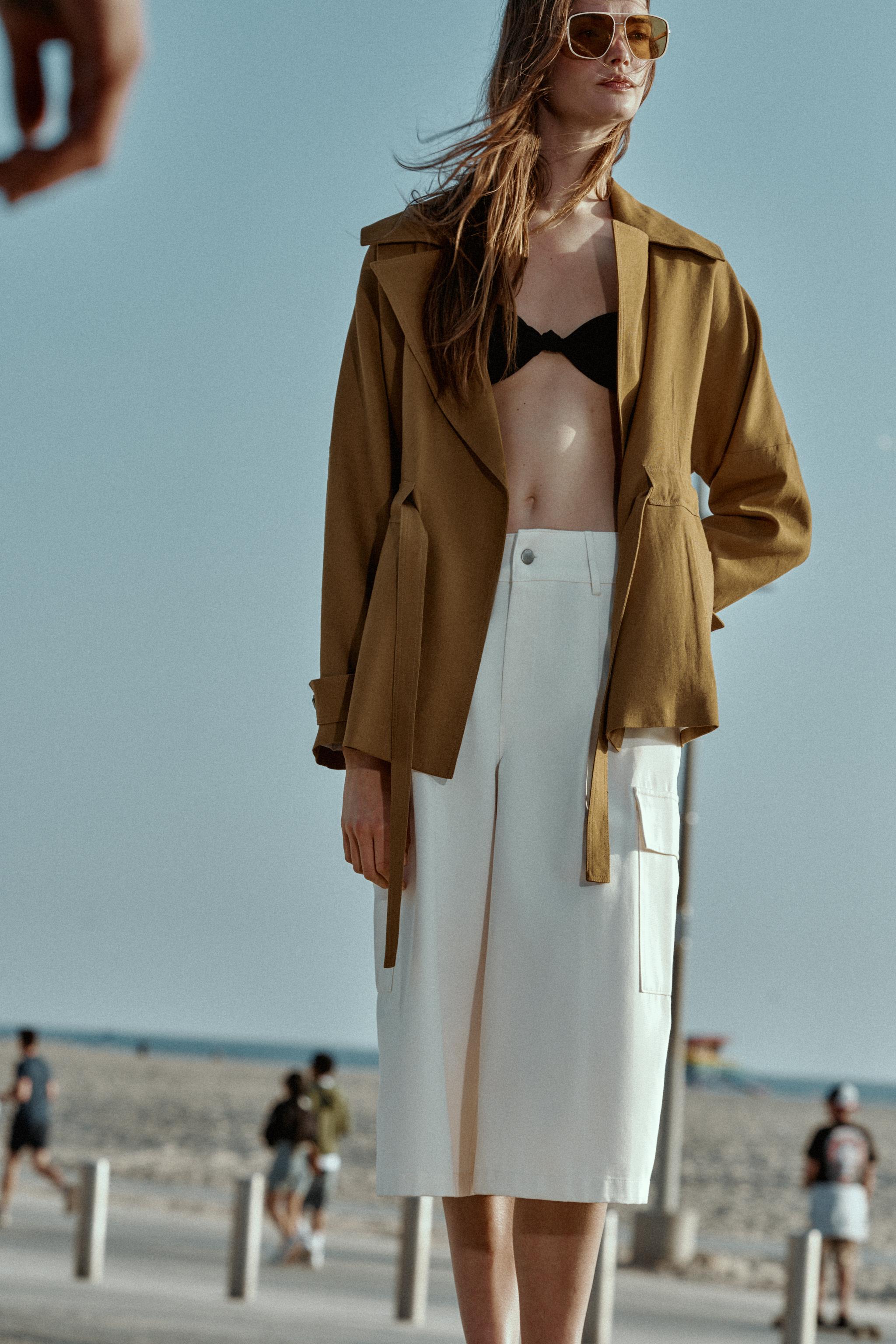 LINEN BLEND BELTED TRENCH JACKET